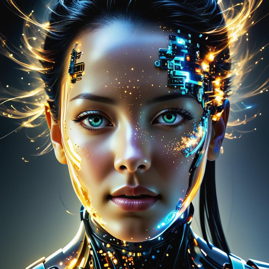 (Double Exposure Image: The Face Of AI More Glowing Assembli...