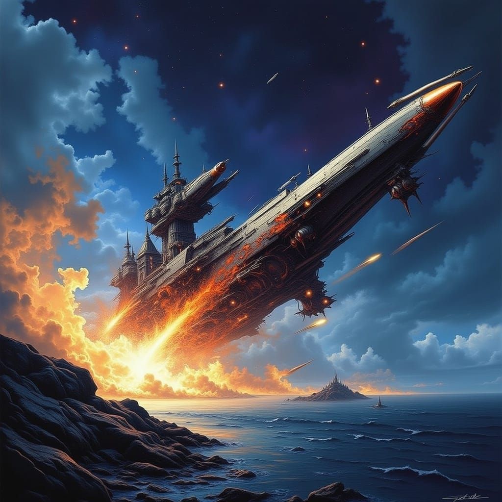 Surreal Space Ship Crash into Turbulent Sea