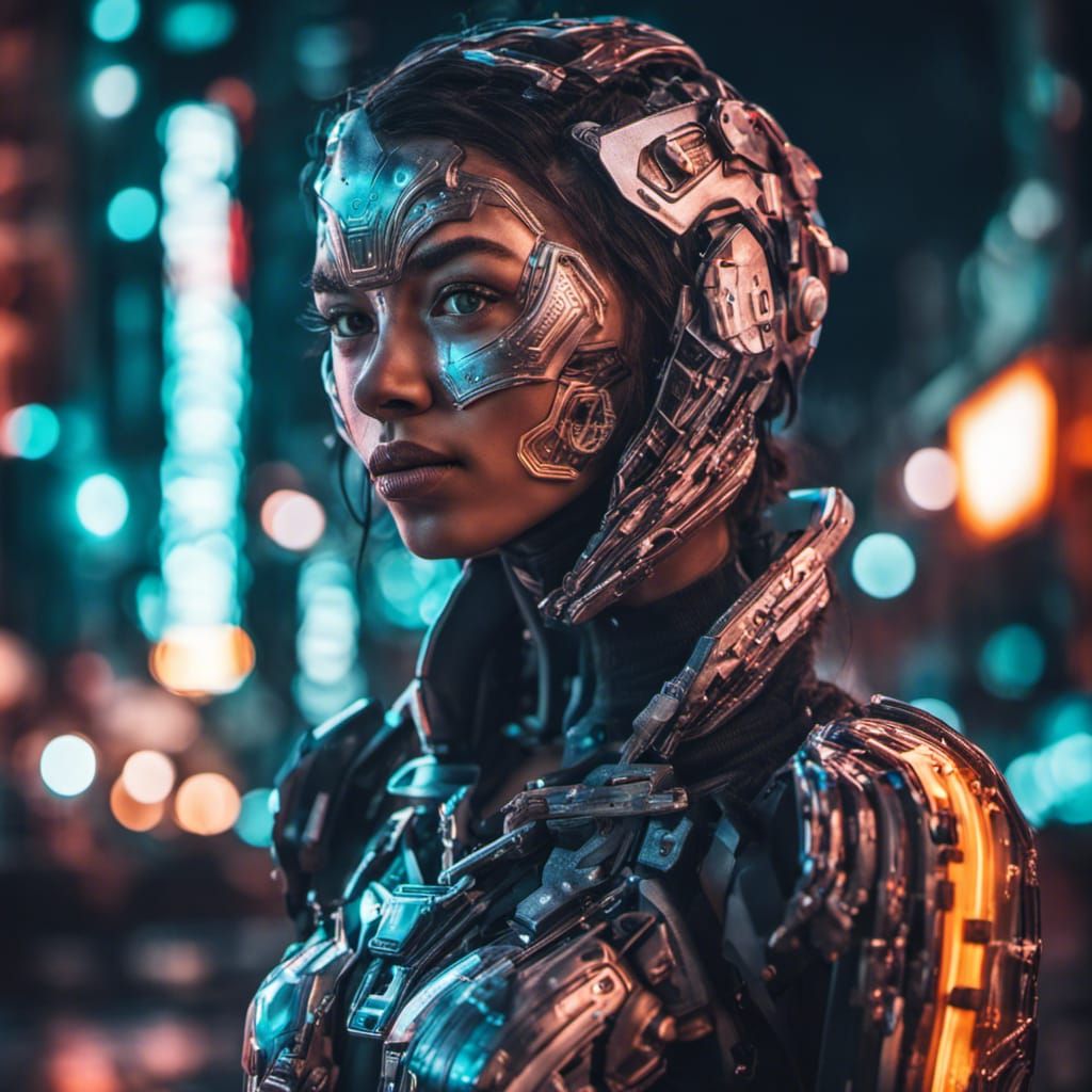 Portrait of a cyborg girl wearing futuristic face armor in a neon city ...