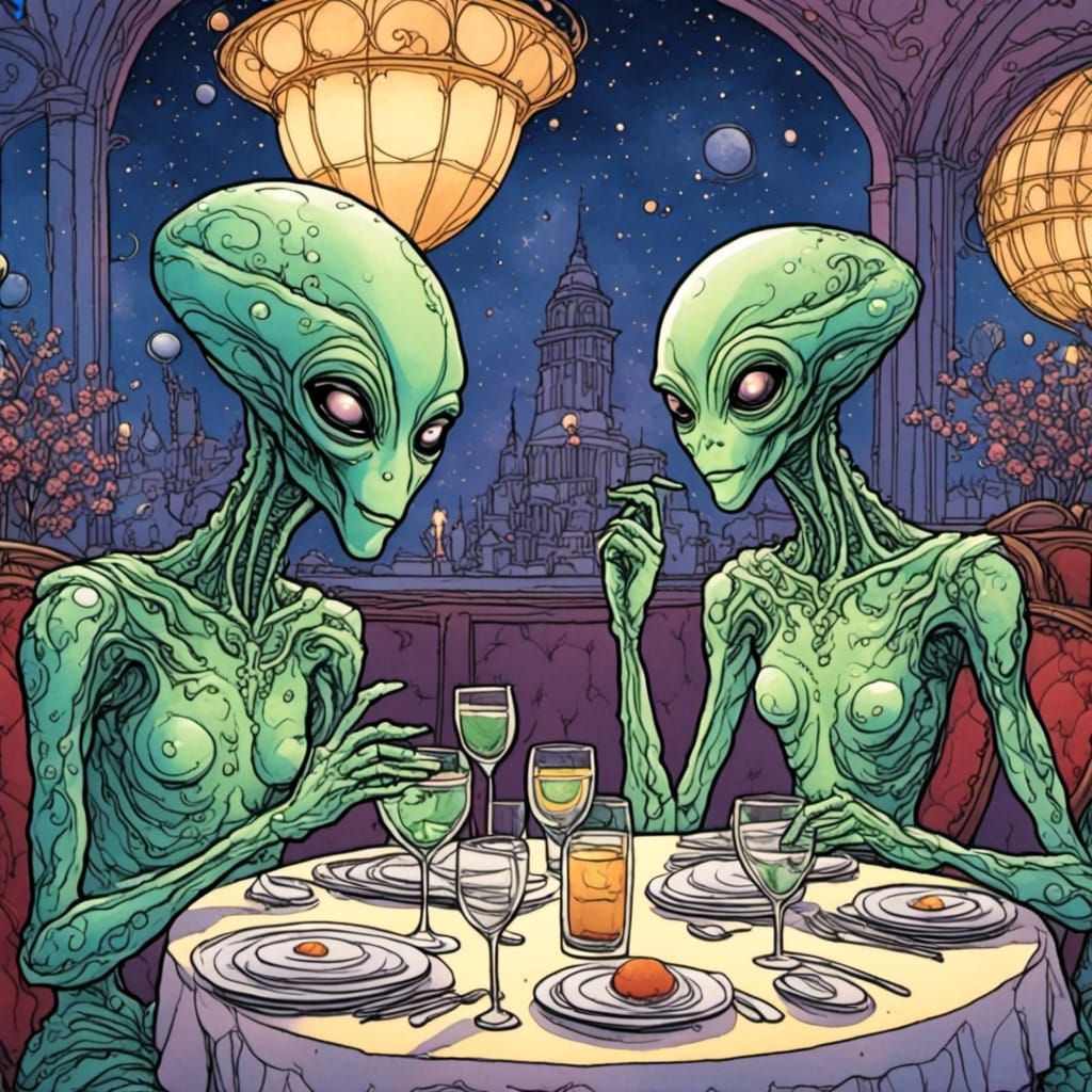 Two aliens on a date in a fancy restaurant. <lora:Brewed from Mistakes:1.0> 