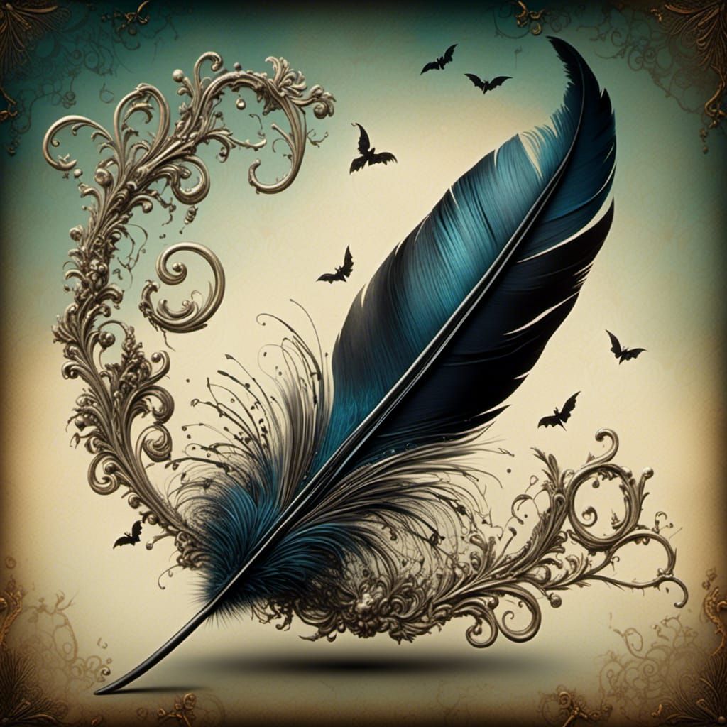 <lora:WITCHES and more:1.0> A single feather drifting down from the sky, Whimsical, hyper-detailed, hyperrealistic 3d, Victorian Style, Goth...