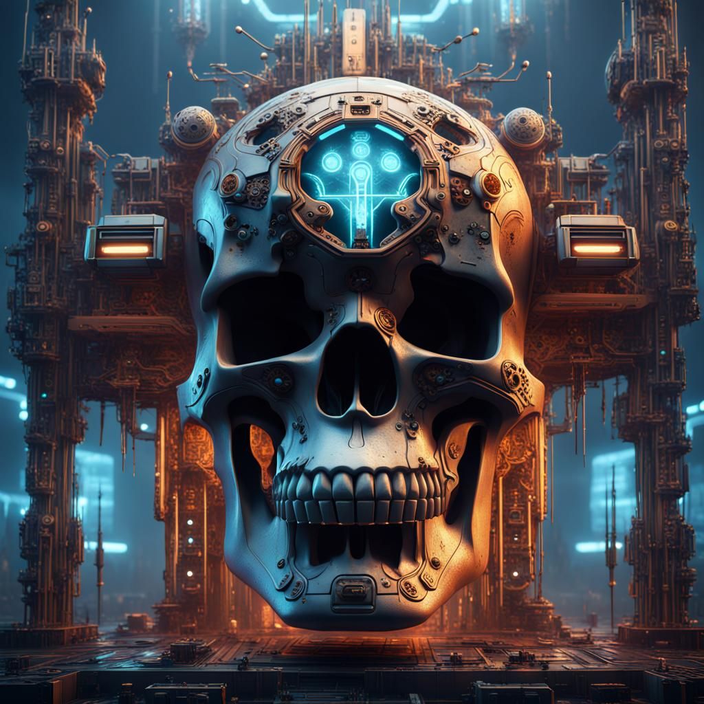 a totemic structure formed by merging a skull with electroni...