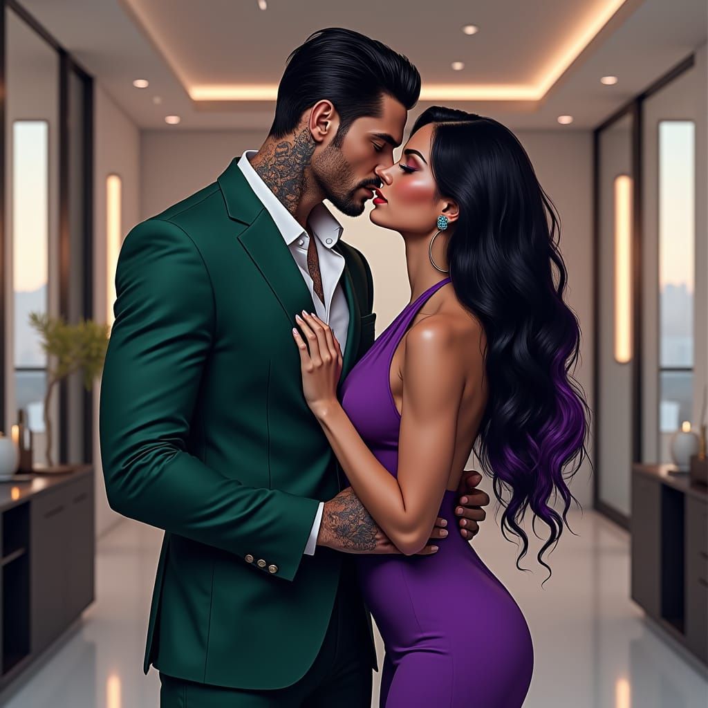 A romantic couple standing in a romantic pose. First charact...