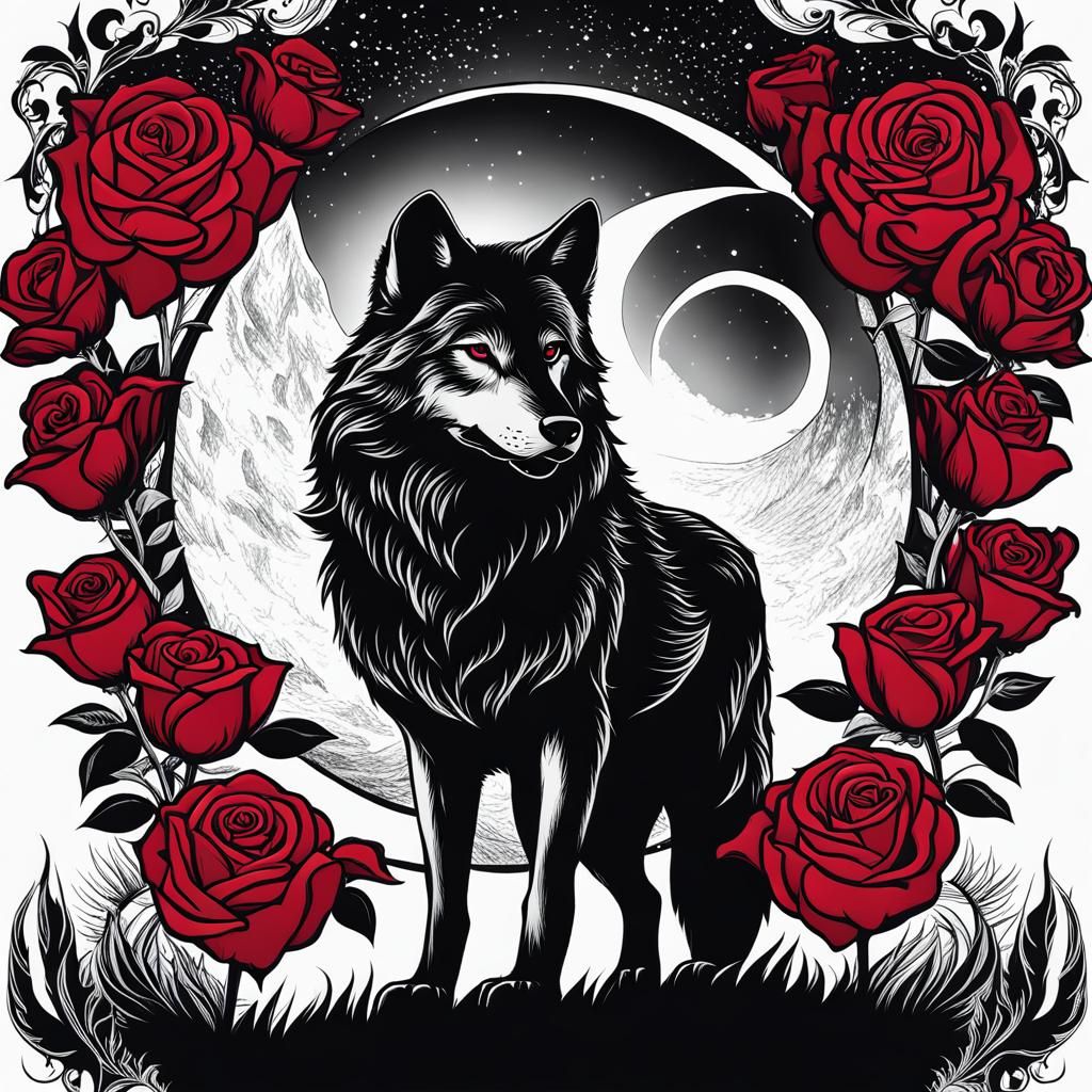 Wolf on the blood moon full of roses dark as night lovers