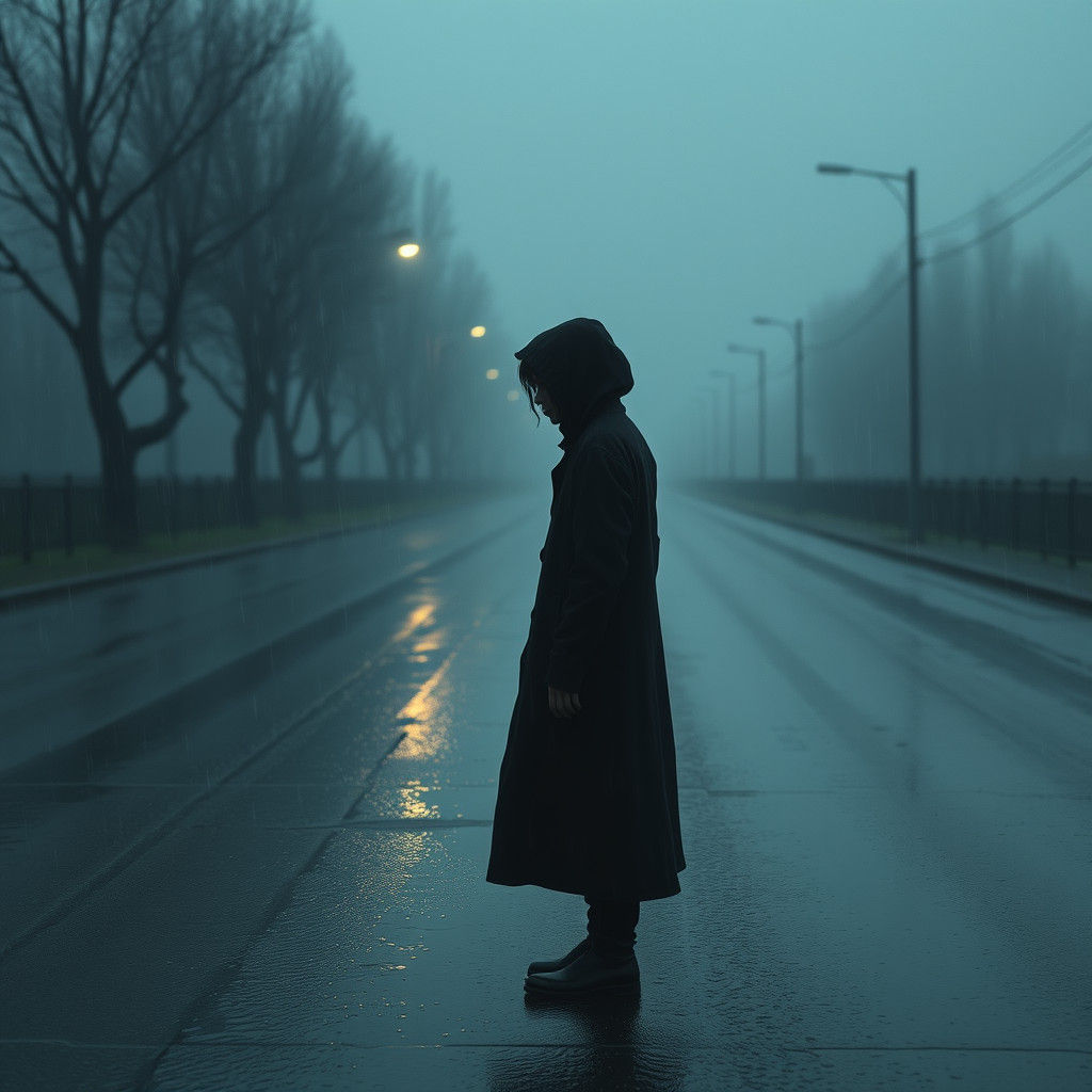 Melancholic Figure in Rain: Digital Art Style