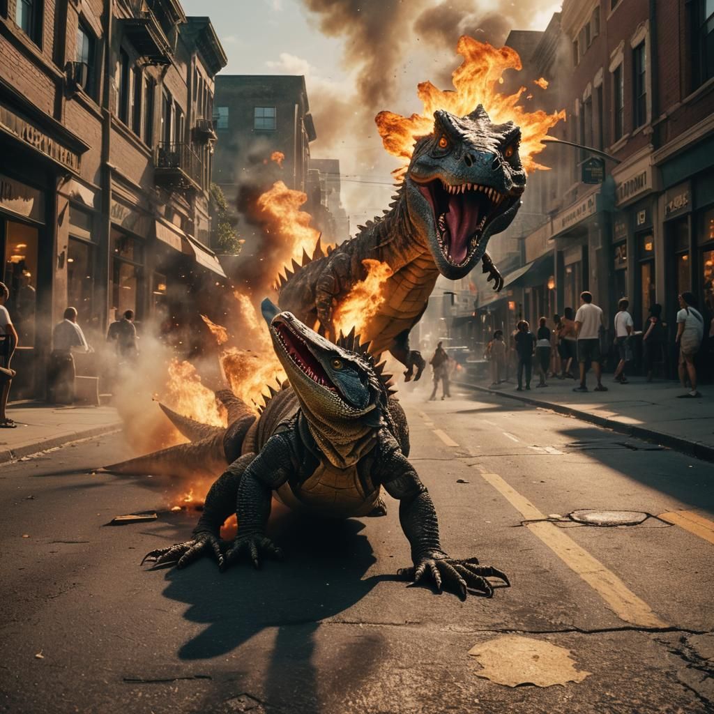 A deadly lizard wrecking a town