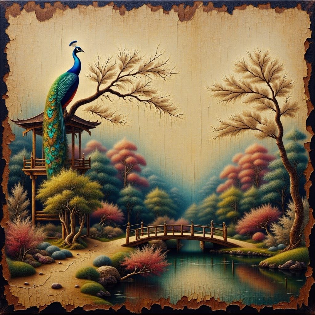 <lora:craquelur:1.0> cracks craquelure old japanese tapestry. peacock near peacock house. Oil on canvas with worn edges, paint peeling in pl...