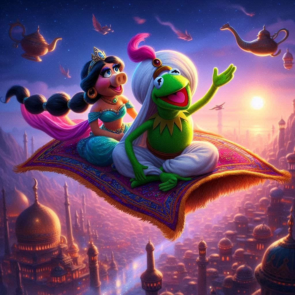 Kermit and Princess Piggy fly over Agrabah