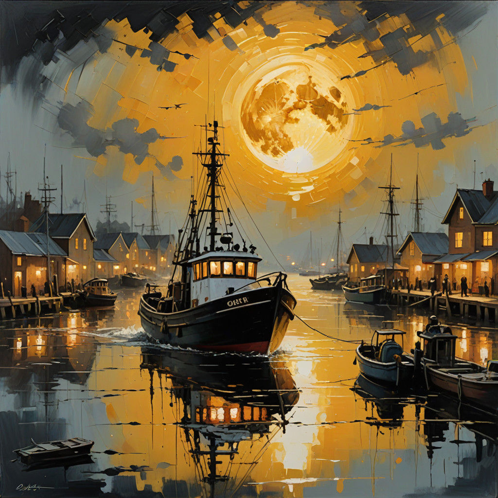 Vibrant oil painting. Close up. Fishing boat in the harbour of a fishing town with a huge golden hour ...  by @Anonymous009