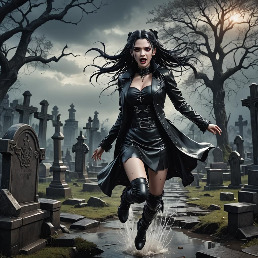 Manga Vampire Princess Leaping in Graveyard