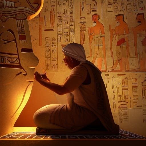 An Old Egyptian man carving hieroglyphs  by @Dorian