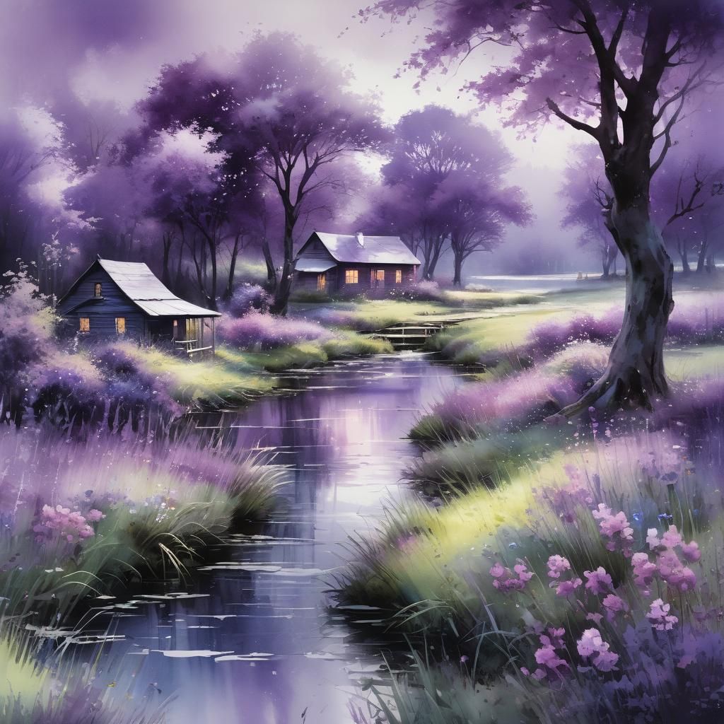 a entirely purple monochromatic highly detailed image of a faded watercolor of a purple spring landscape. ...  by @Ylona