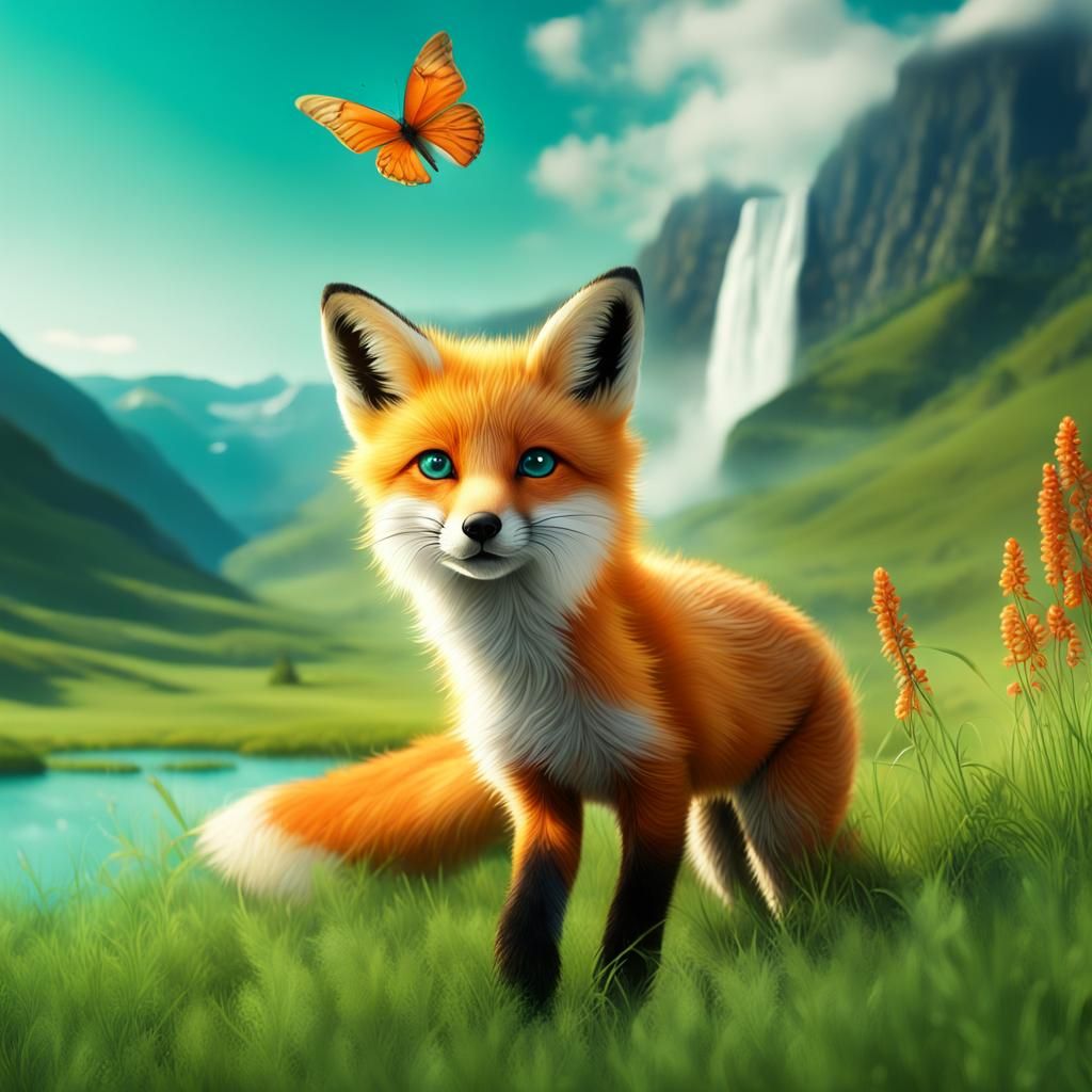 Fox Cub Chasing Butterfly - AI Generated Artwork - NightCafe Creator