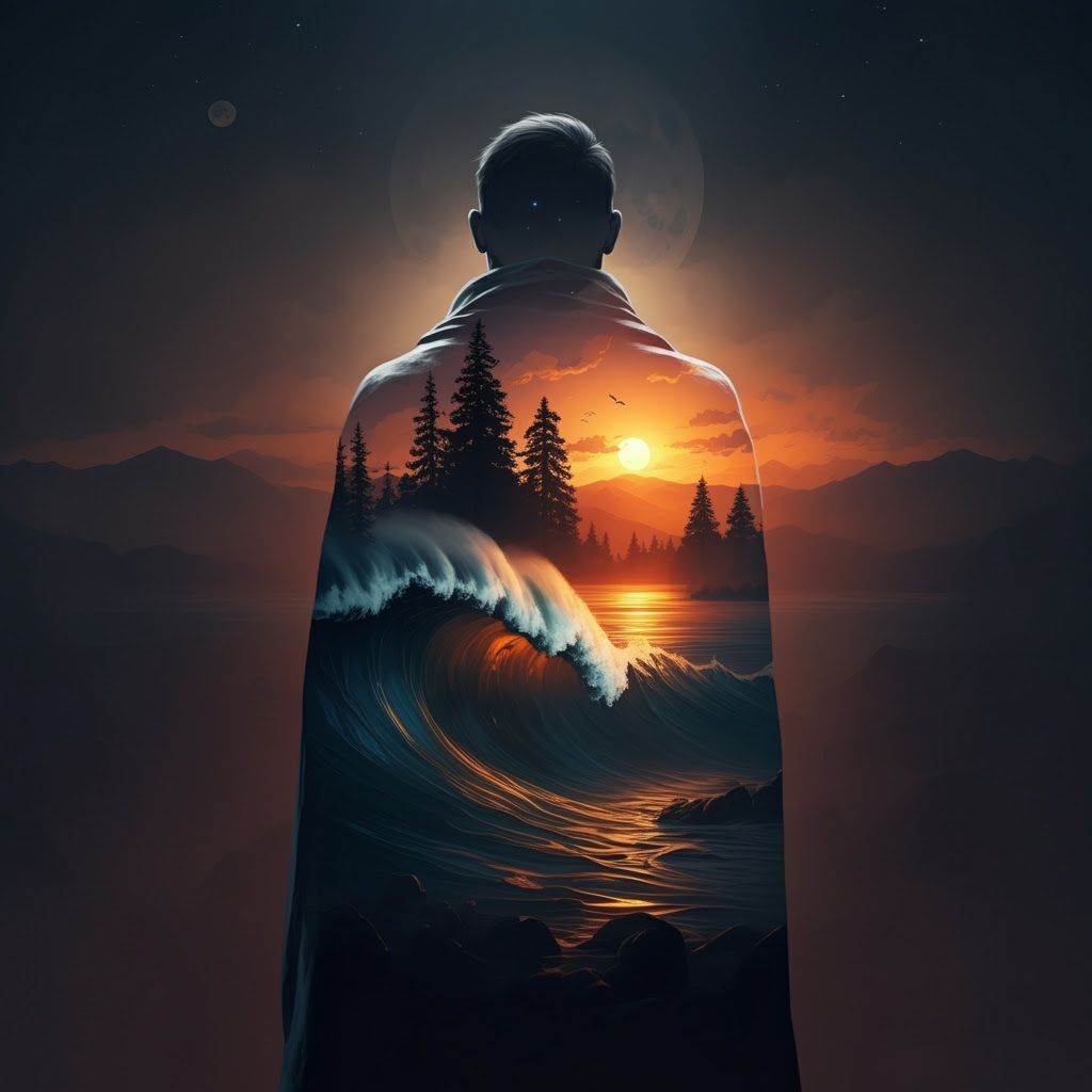 Warrior Silhouette with Double Exposure Landscape