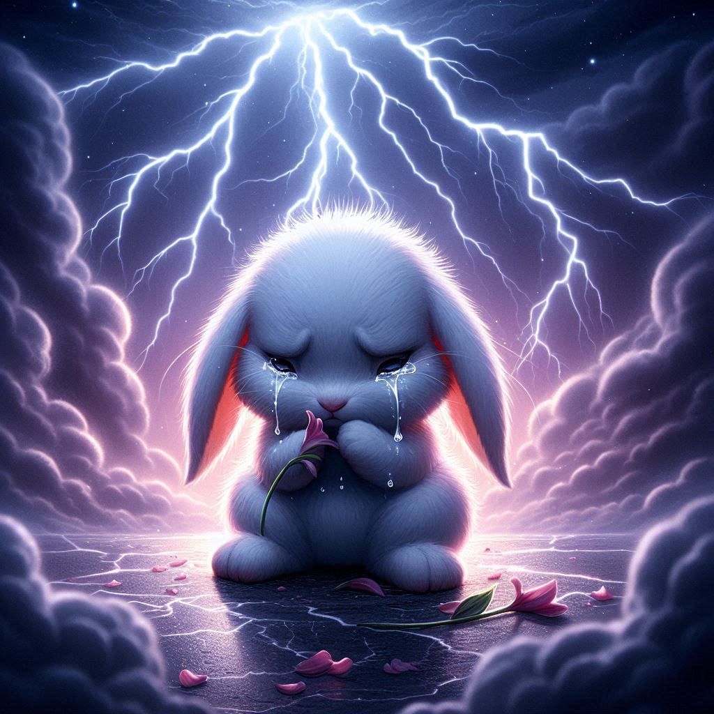 A bunny crying in a thunderstorm.