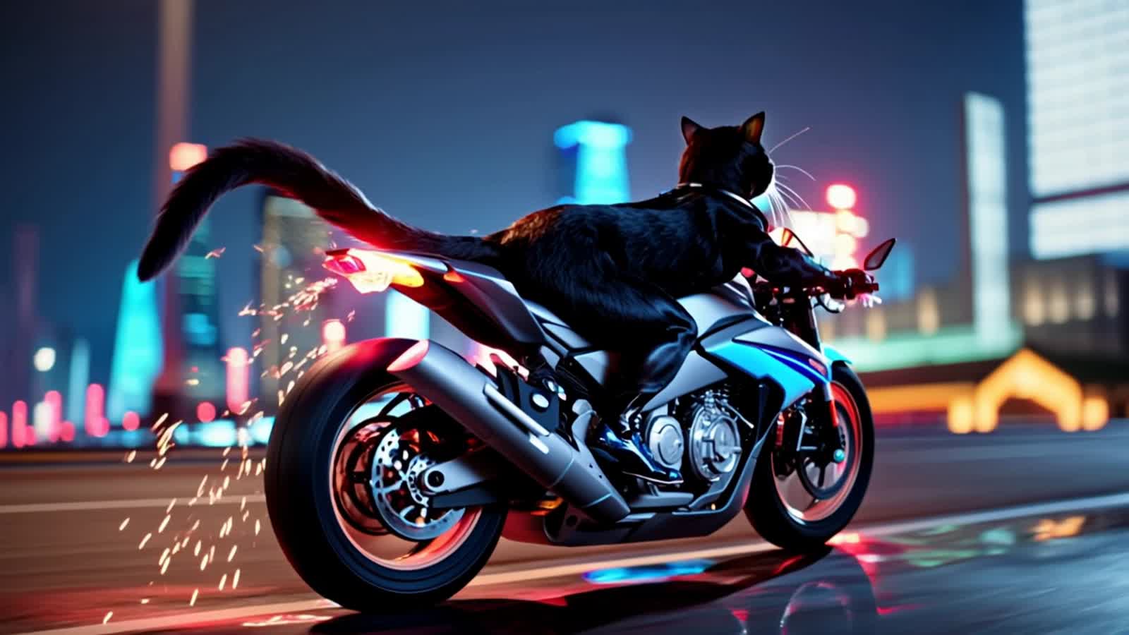 A sleek black cat wearing aviator goggles rides a futuristic motorcycle through a neon-lit city at night, sparks flying ...