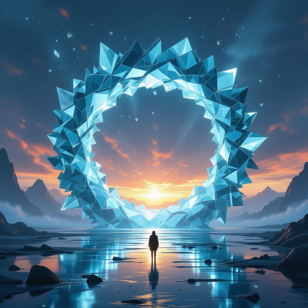 "A gigantic portal made of floating shattered glass shards, each reflecting a different mystical world. The shards rotate slowly, forming a ...