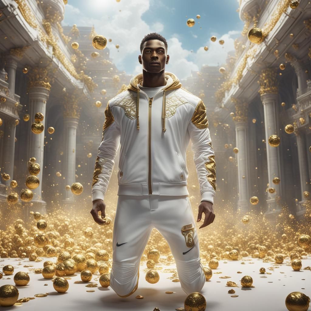 handsome man wearing luxury white and gold Nike clothing