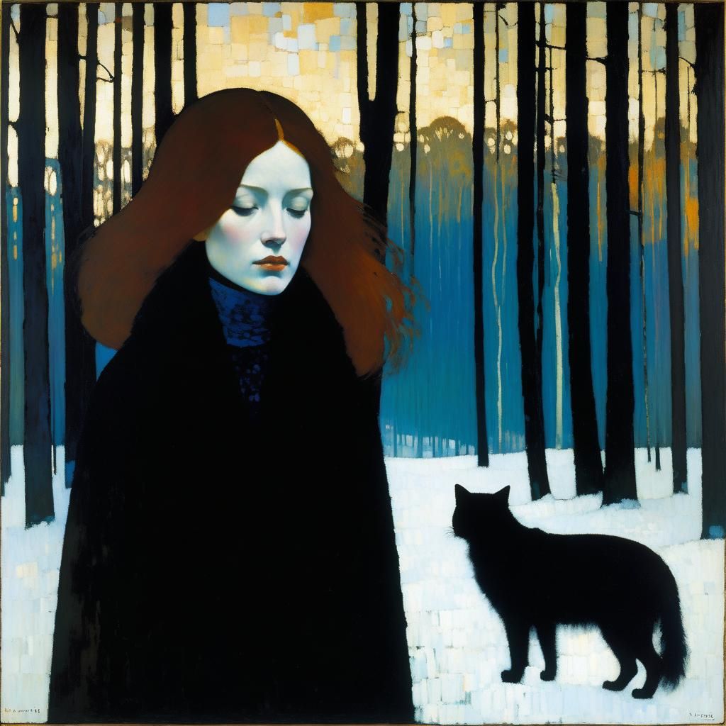 Auburnhaired woman, forest, cat, late frost, Franz Kline, Gustav Klimt, dreamlike
  by @Dillis