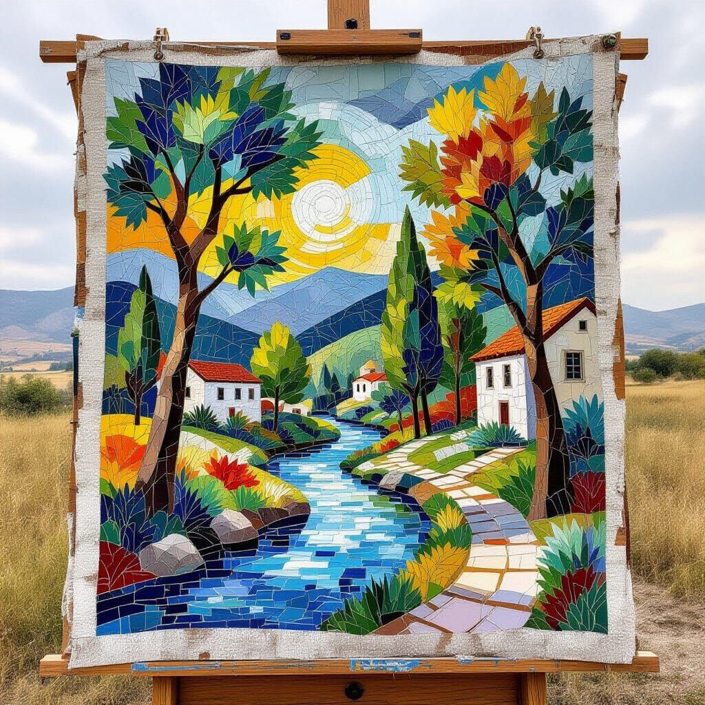 3D Mosaic Art of Streams and Trees on Marble Canvas