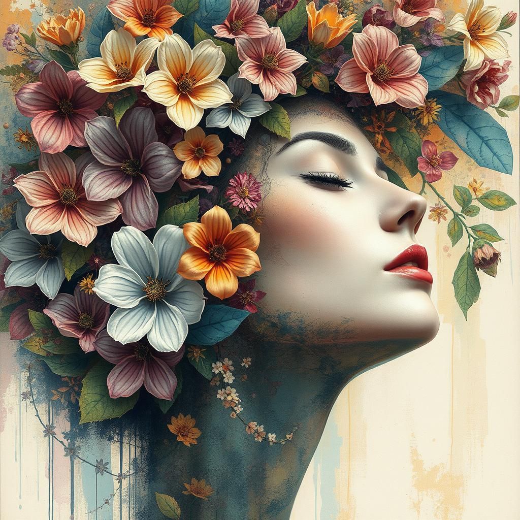 Serene Woman Enveloped in Floral Beauty as Mixed Media Art