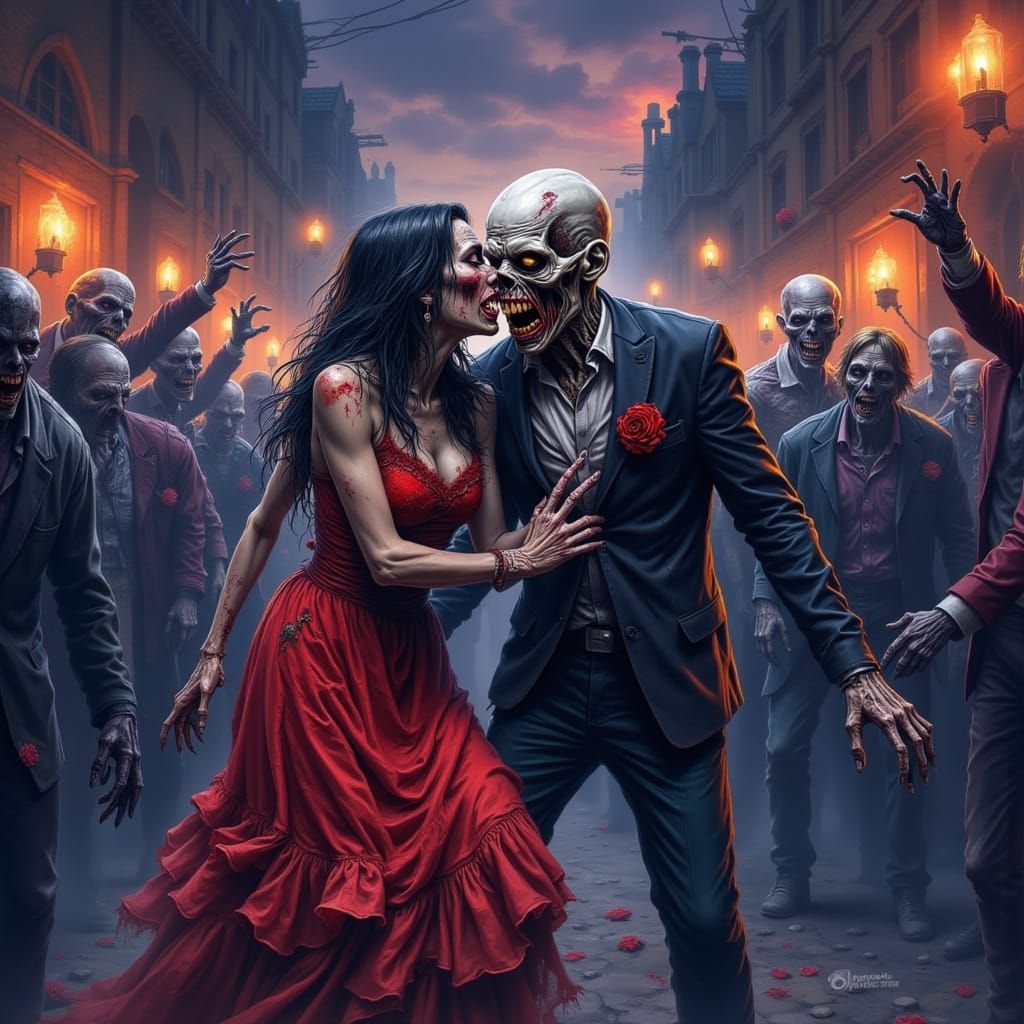 <lora:Zombies1:1.0> <lora:Techno Zombies v2:1.0> <lora:Caffeine Grimoire:1.0>( Prom Night)  /(ĝrisly ghoulish)/(zombiecorp)/(dancing)/(prom ...