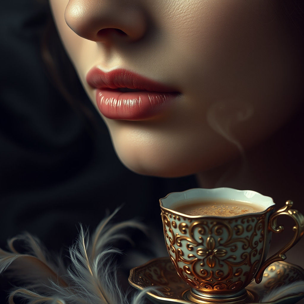 Hyperrealistic Lips with Feathers and Coffee