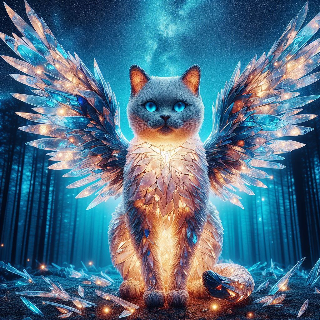 A glowing cat with angel wings made with glass shards
