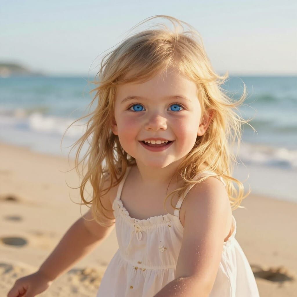 Young Girl with Blue Eyes Playing on Sunny Beach