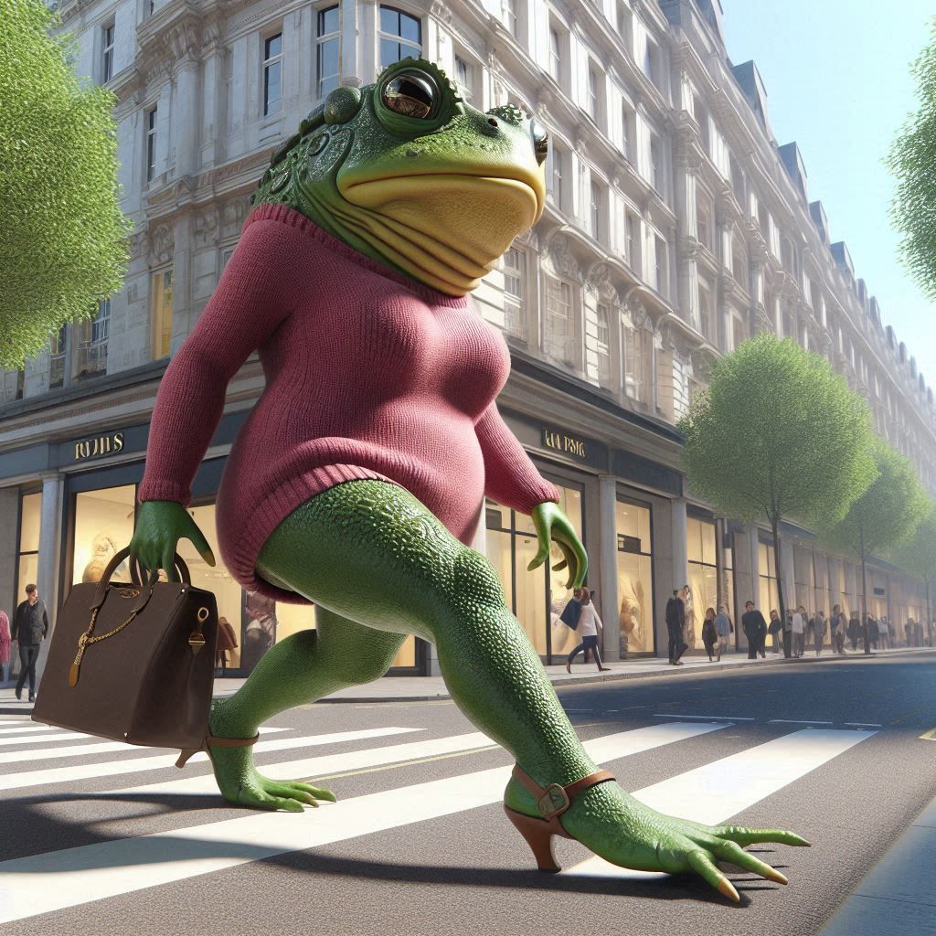 3d image of an anthropomorphic female toad walking down on B...
