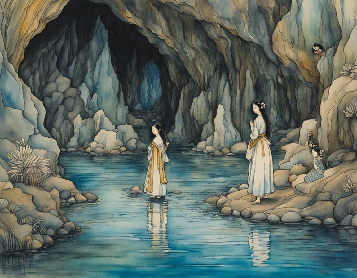 Chinese woman and her daughter wading in a hidden lagoon #2