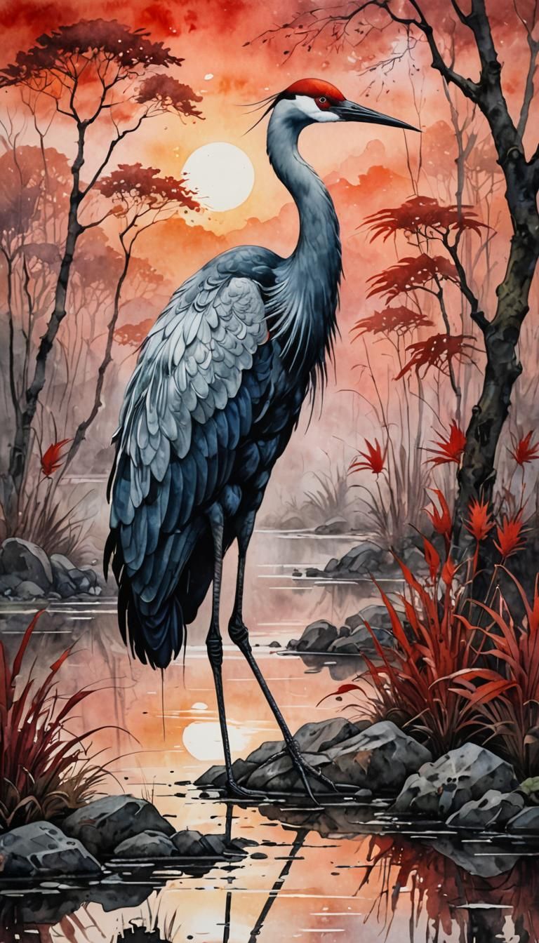 Painting of one Asian Oriental crane standnding on a rock, a watercolor painting, modern European ink ...  by @D0npen