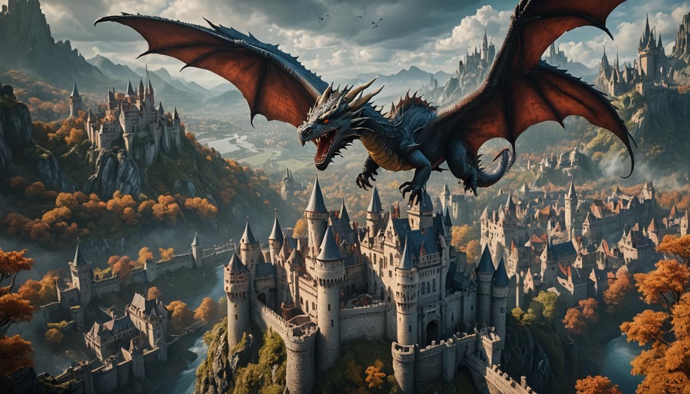 Dragon flying over a castle