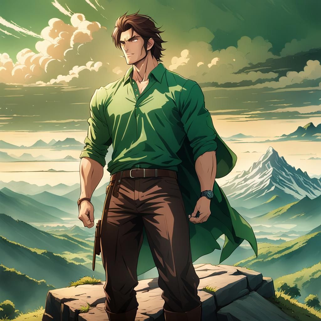 Strong handsome young brown haired man wearing a green shirt...