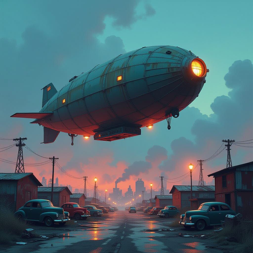 Dieselpunk oil painting. A mystic old zeppelin floats above a vibrant junkyard city. Wide shot. HDR style. Glowing petrol lights. Intricate ...