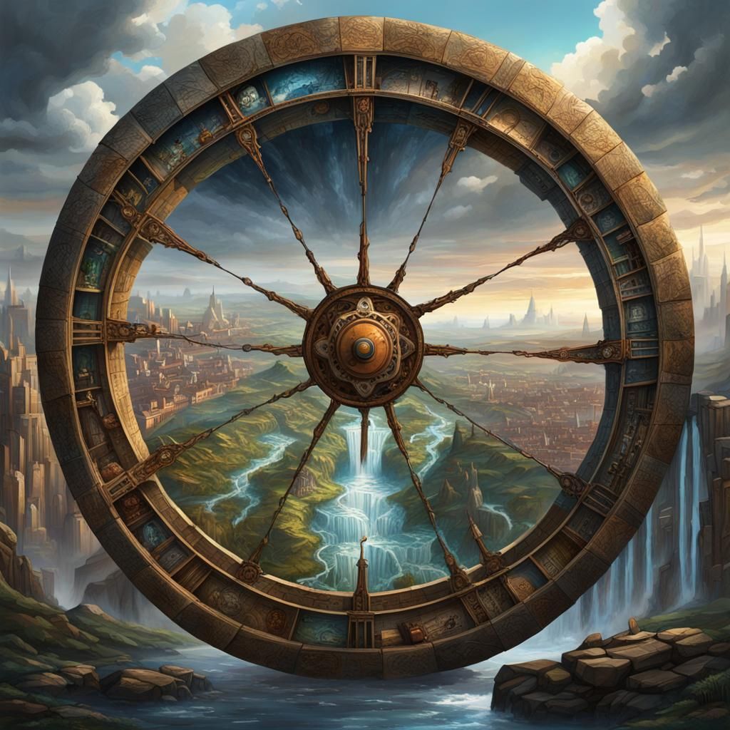 a decayed wheel of time with a mystic city at its center, a ...
