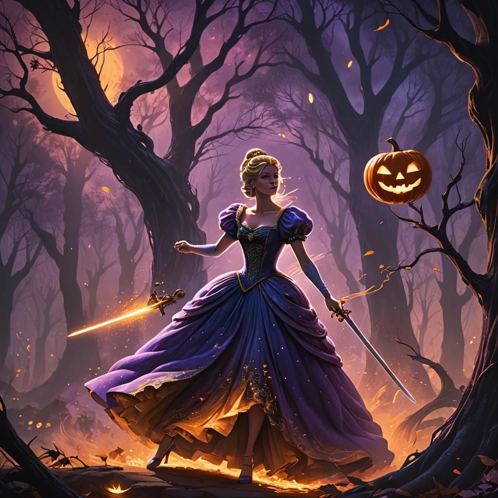 Cinderella with Sword in Fantasy Art Nouveau Style
