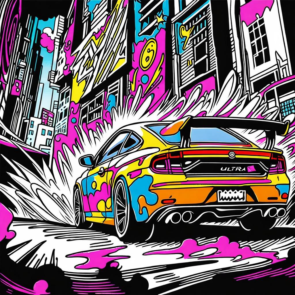 Dented car street racing through city, Mark Brooks and Dan M...