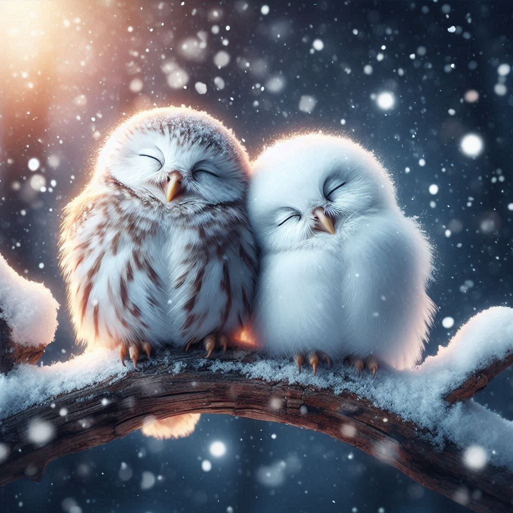 Two Cute owls in winter