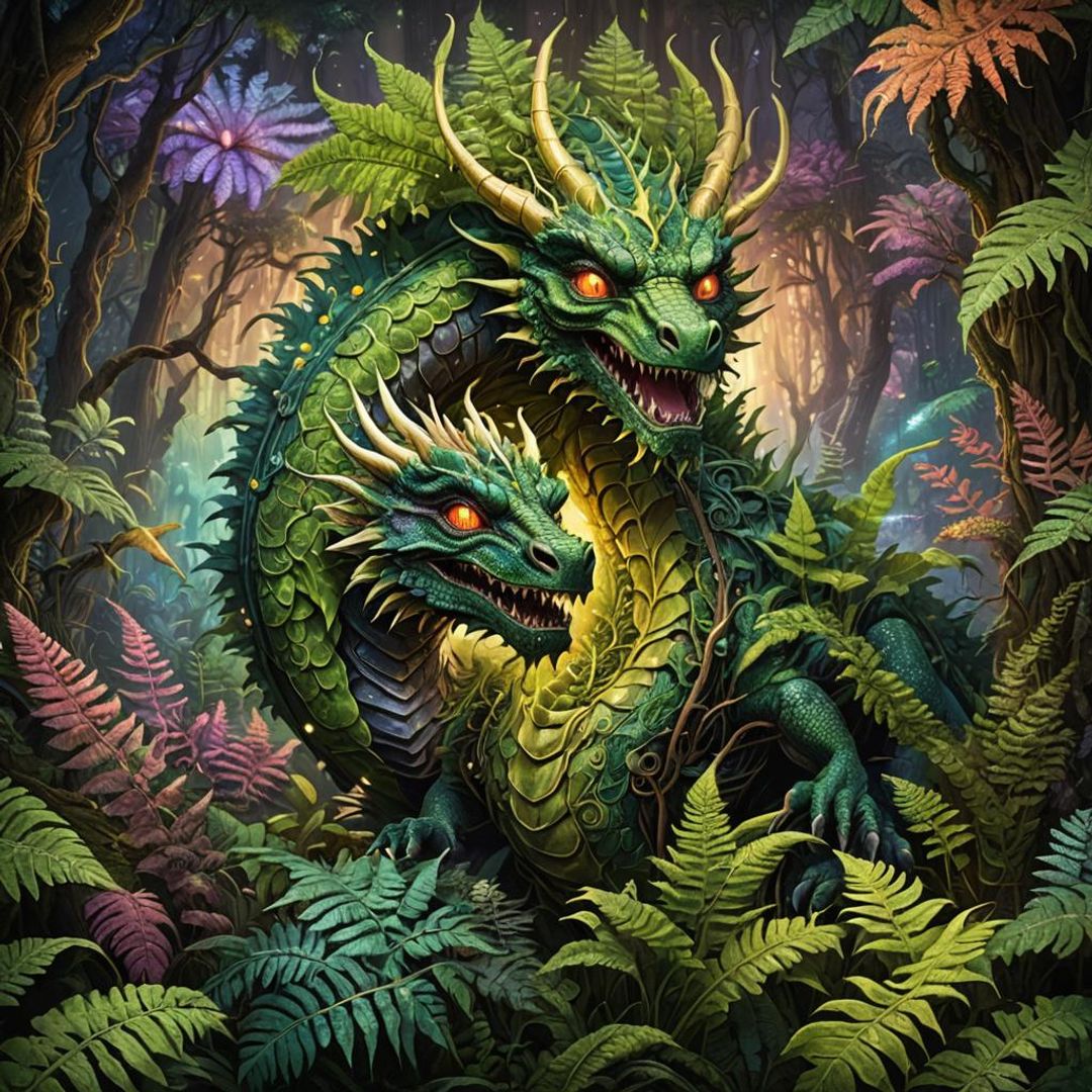 Dragons merging with giant Ferns - AI Generated Artwork - NightCafe Creator