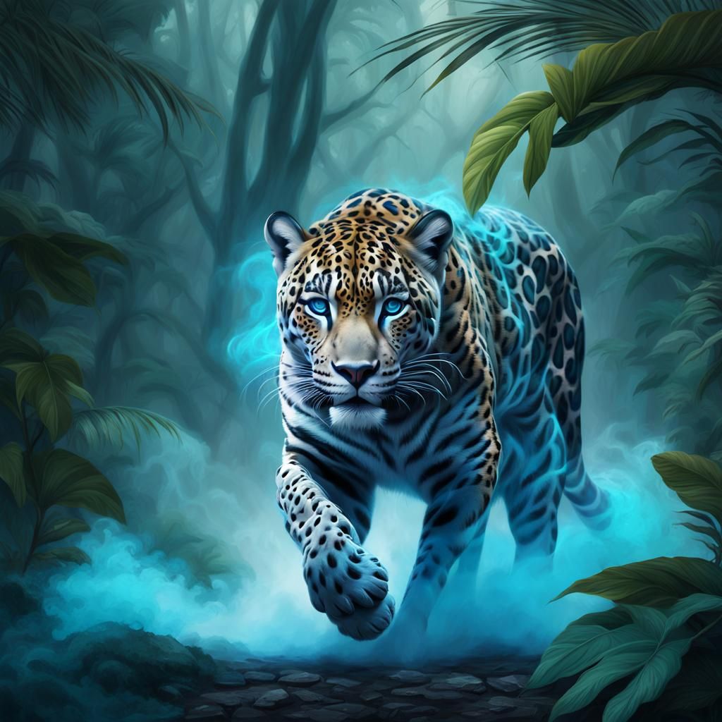 A beautiful fantasy jaguar with a blue and white fur, hiddin...