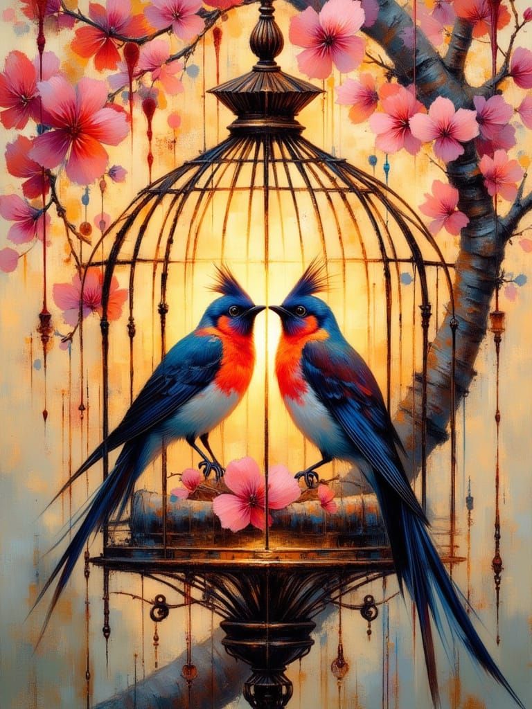 Lovebirds in Ornate birdcage under blossom tree at sunset  in a modern, abstract style. The subject should ...  by @Kosh