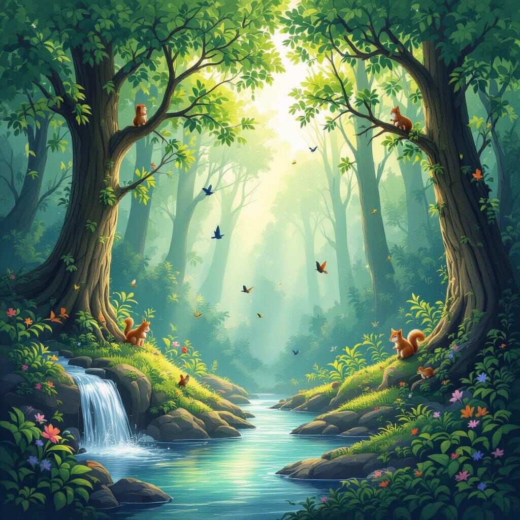 Magical Forest Scene with Waterfall and Wildlife