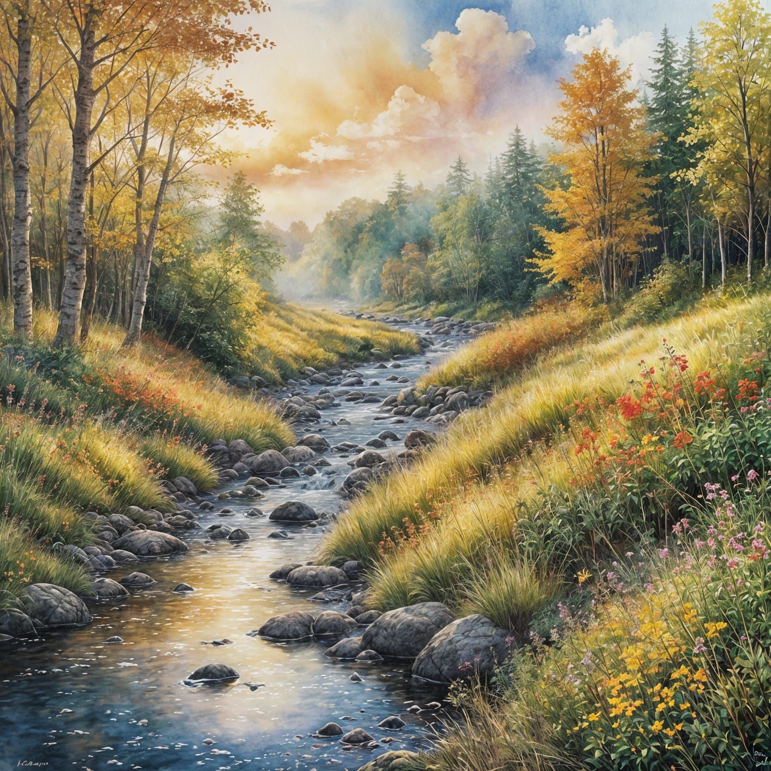 Sunrise. Watercolour Painting, puffy clouds and wildflowers and autumn leaves forest, running stream, ...  by @Razzmama 