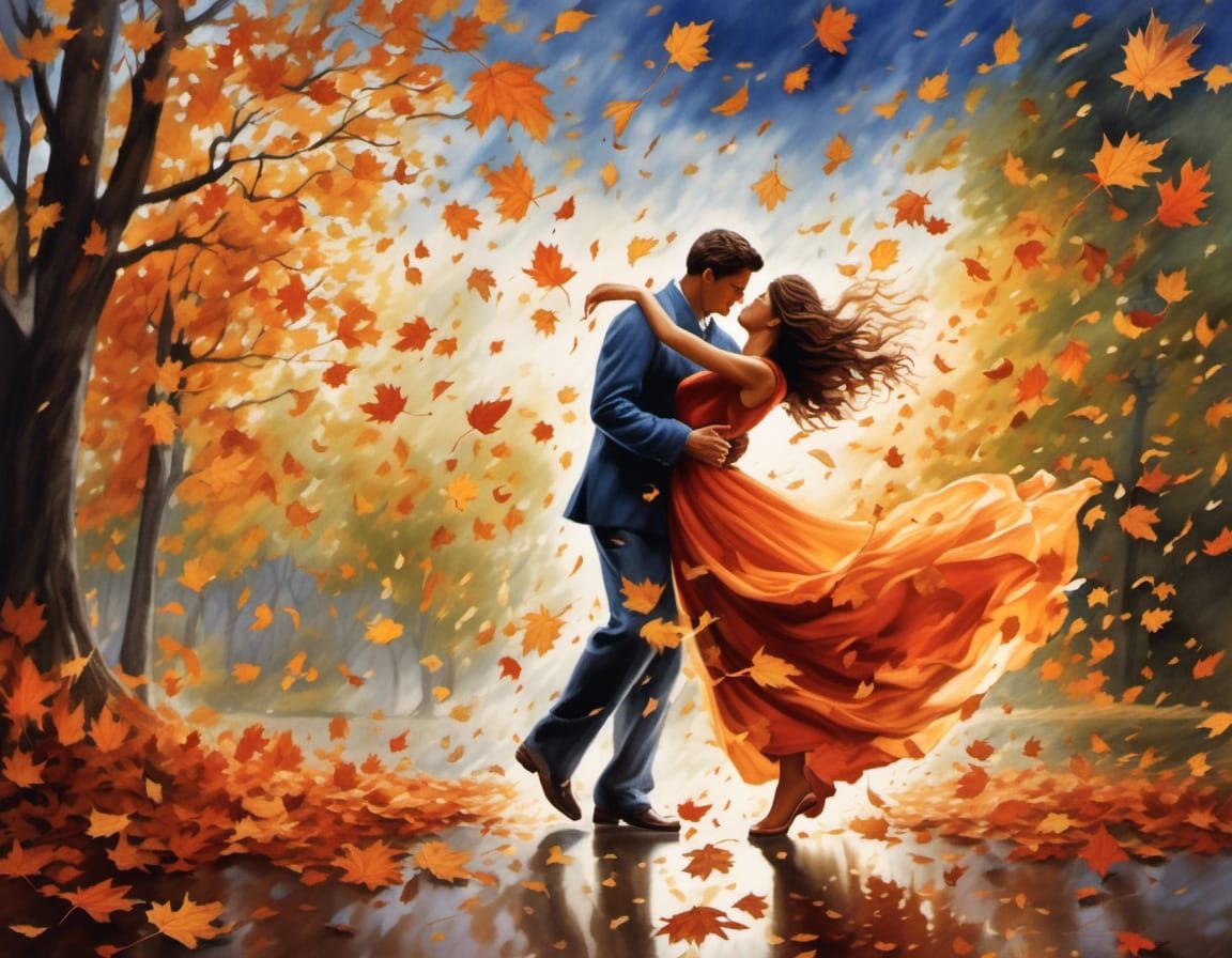 Watercolor painting a couple dancing outside in a windstorm with leaves swirling all around.  detailed matte painting, dynamic lighting, vol...