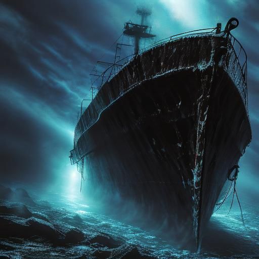  <lora:MJ6 Dark Fantasy DS8:1.0> A haunted shipwreck surrounded by eerie mist, hyperrealistic, photorealistic, insane clarity and detail