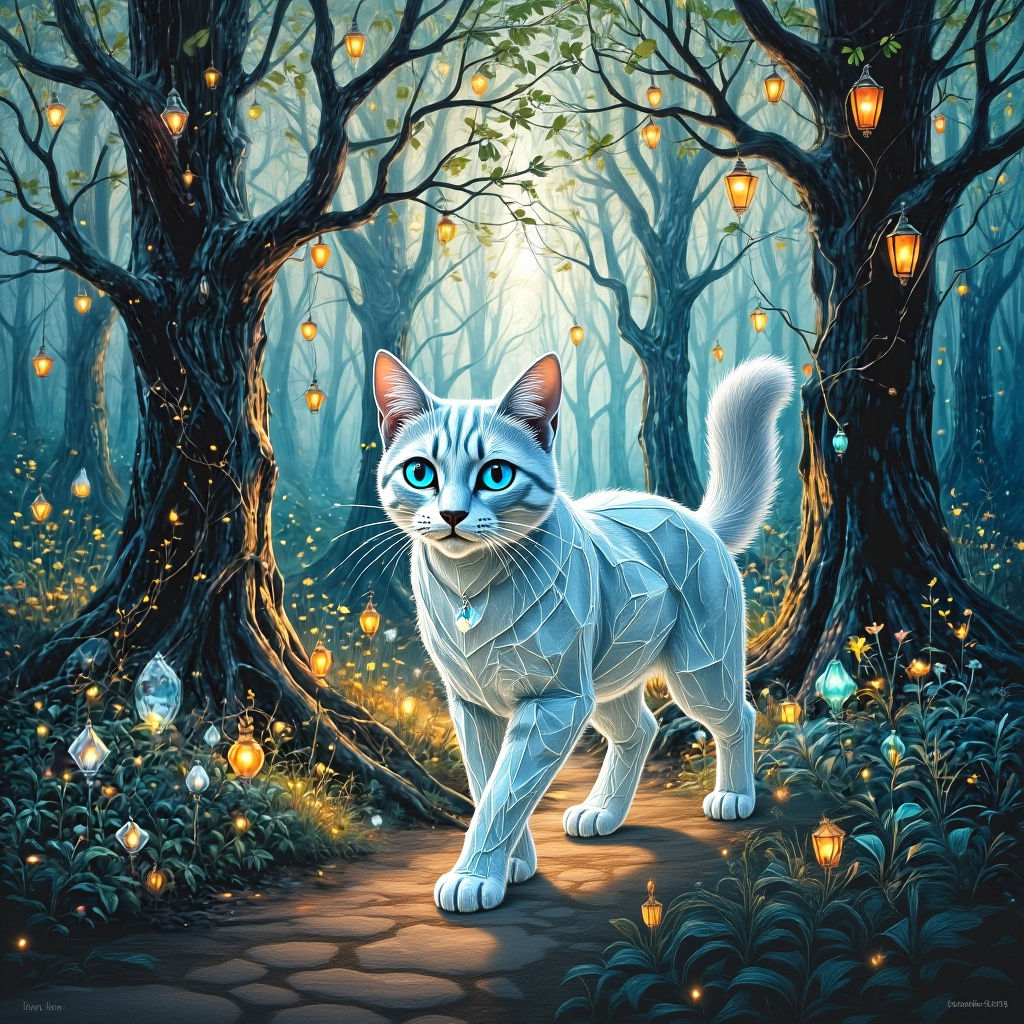 Crystal Cat : An enchanted forest where the trees have bark made of smooth, polished obsidian and leaves of delicate, colored glass that chime in the wind...