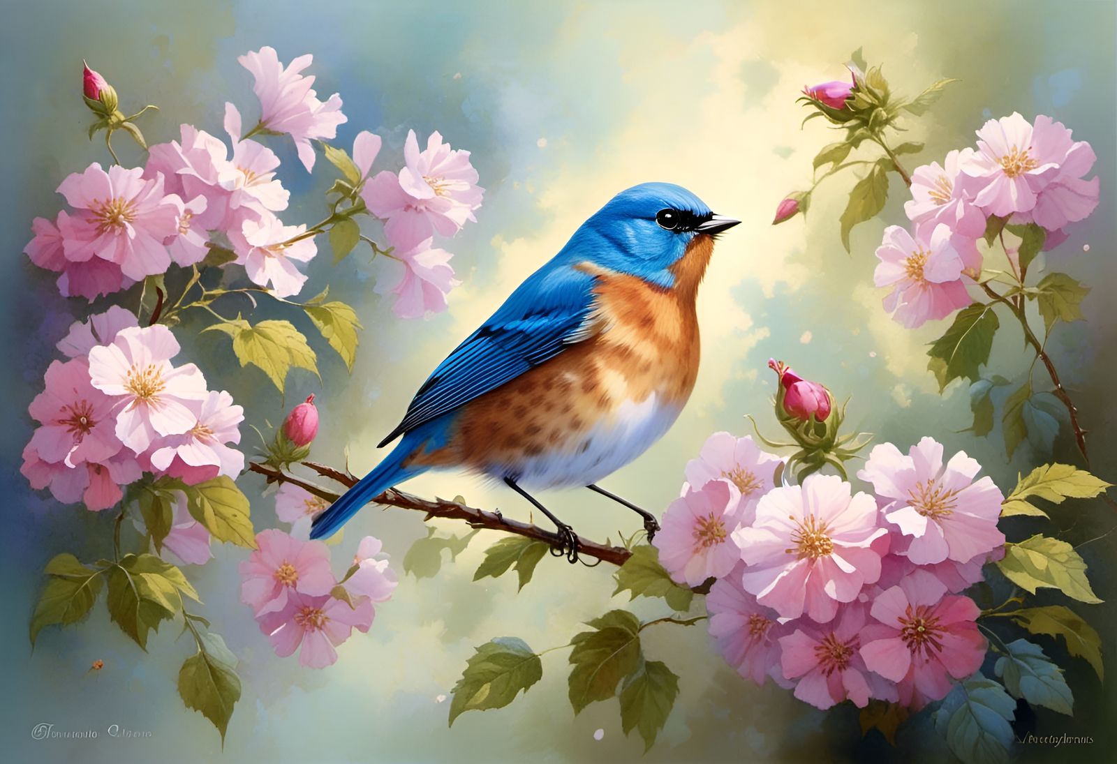 EV3021-AR7x5-Vintage Male Indigo Bunting Surrounded by Delic...