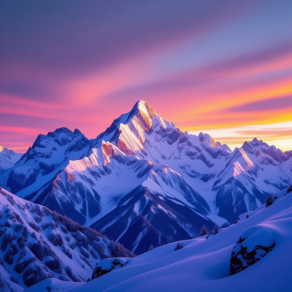 Snow-Capped Mountains at Sunset in Hyperrealistic Style