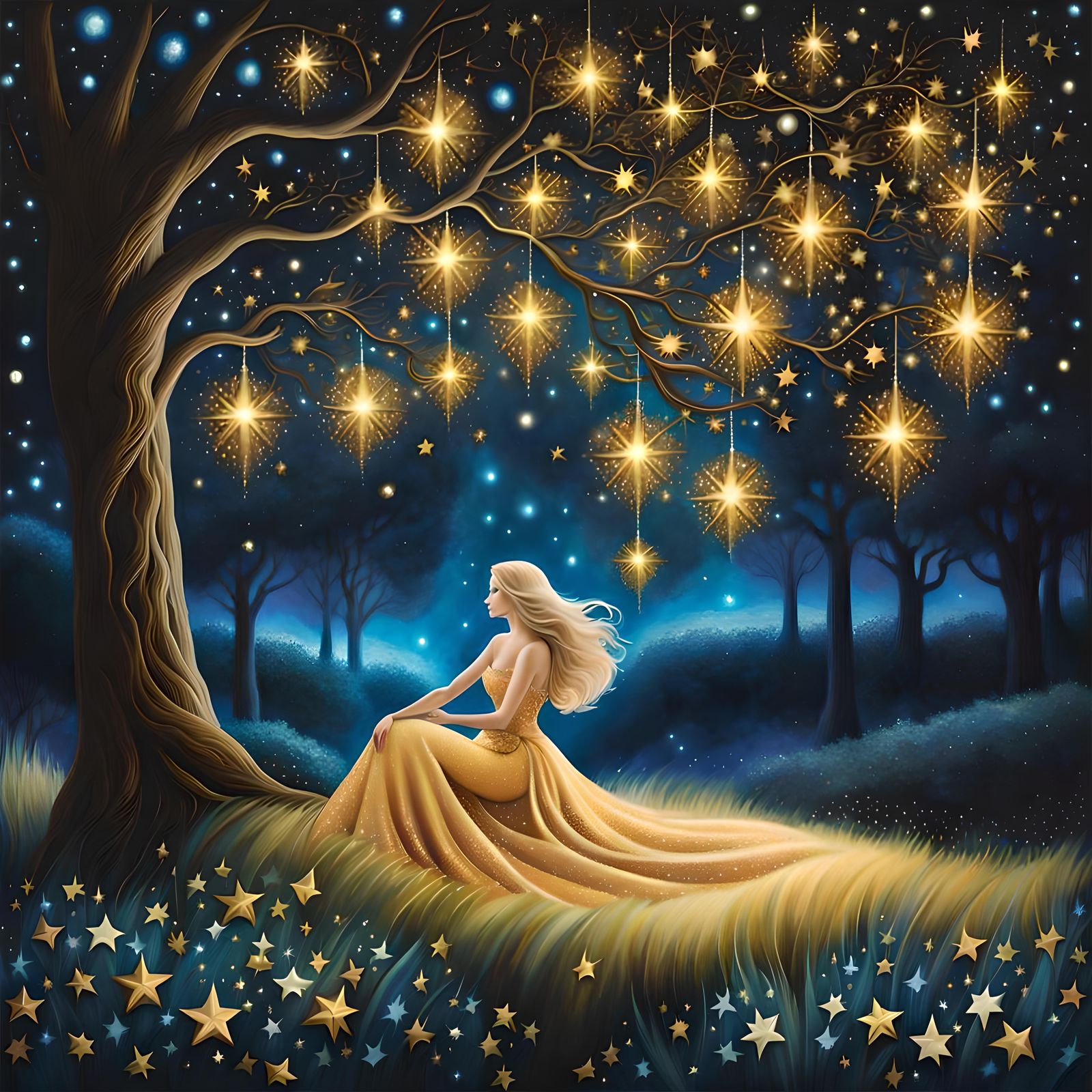 shimmery shiny glittery sparkly portrait of a Beautiful Woman in an iridescent dress Sitting by A Peaceful majestic magi...